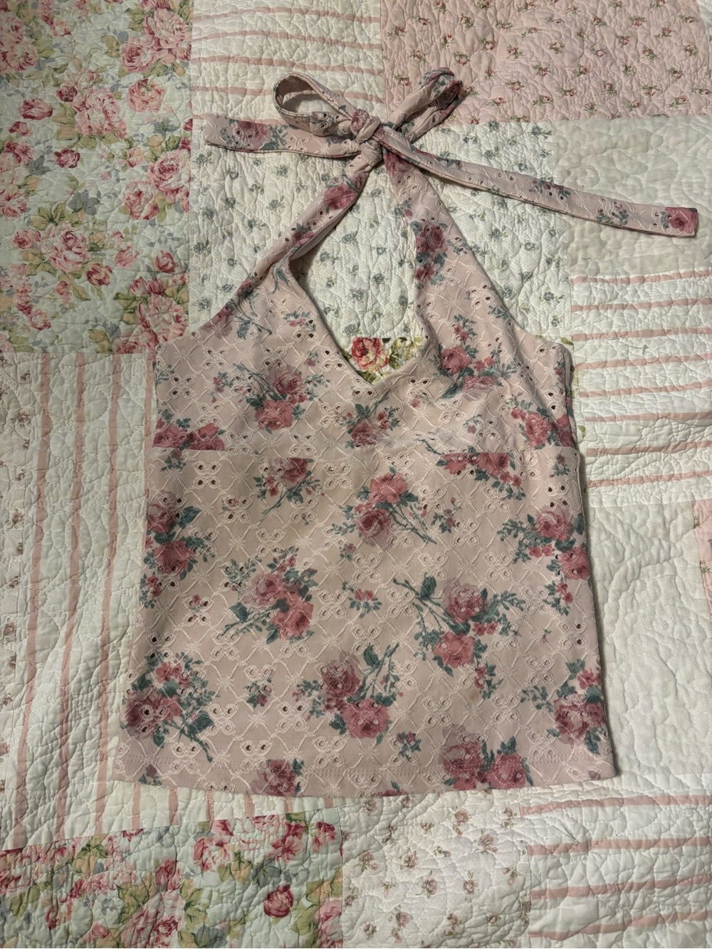 Aeropostale Pink Floral Halter Eyelet Camisole